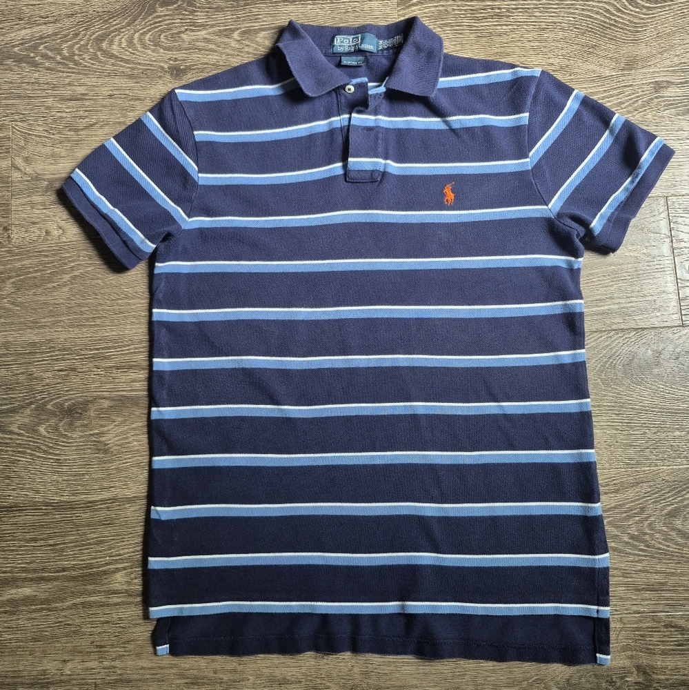 Polo Ralph Lauren Navy Blue With Light Blue And White Stripes Short Sleeve Top M